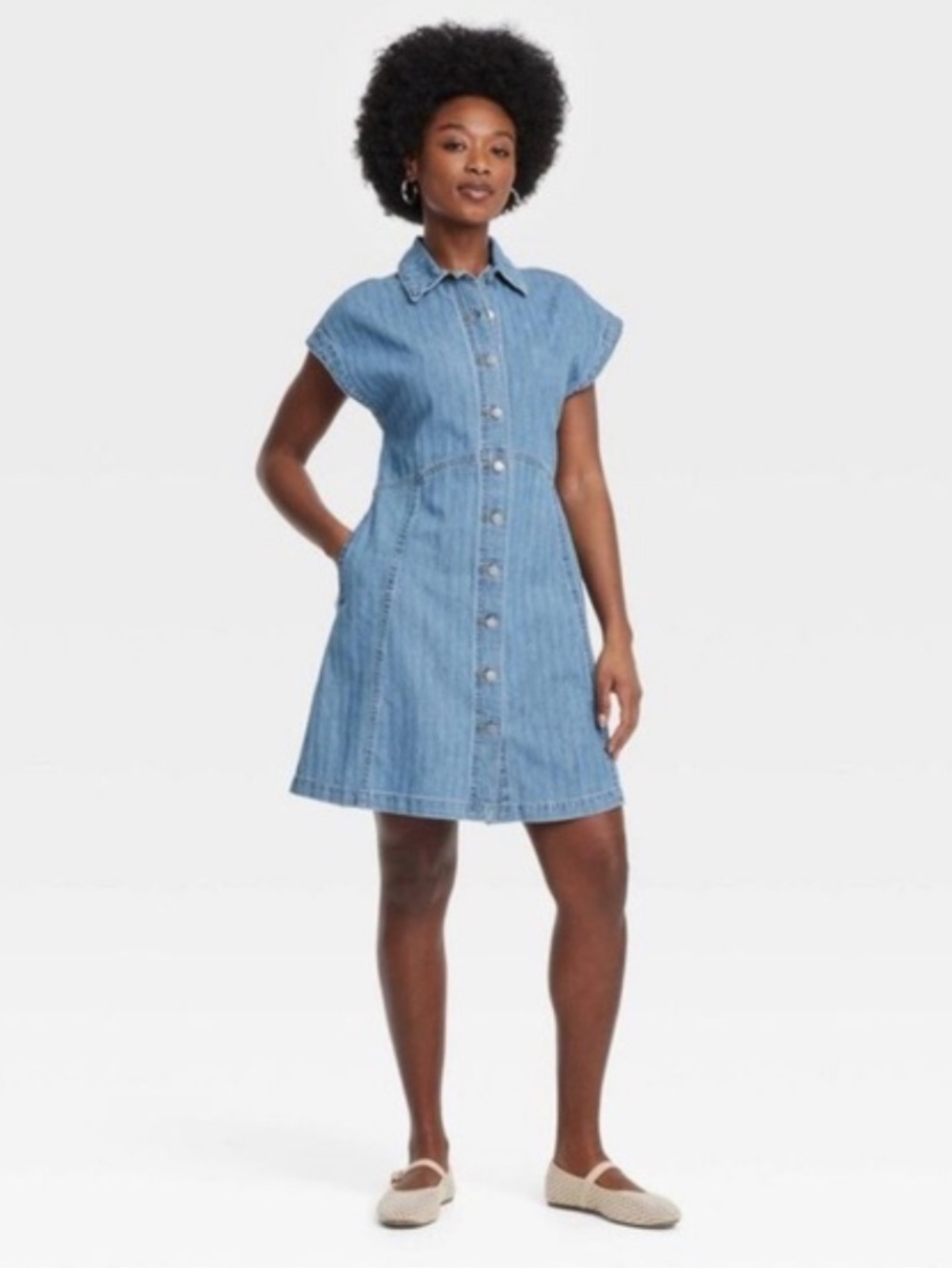 Universal Thread Flouncy Light Blue Denim Button-Front Mini Dress with Pockets